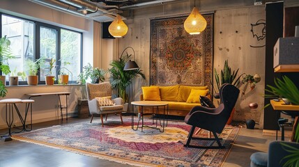 Wall Mural - Modern Living Room with Yellow Sofa, Wicker Chairs, and an Area Rug