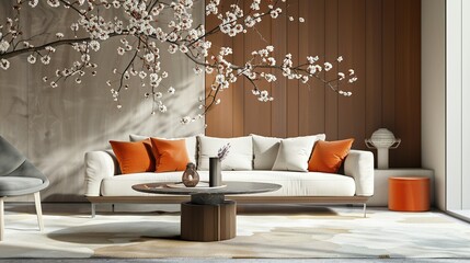 Wall Mural - Modern Living Room Interior with Blooming Branch and White Sofa