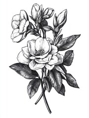 Wall Mural - Black and white Vintage engraved art of a gardenia bouquet, isolated on white background, ink sketch illustration, simple vector art design, highly detailed line art, high contrasty 