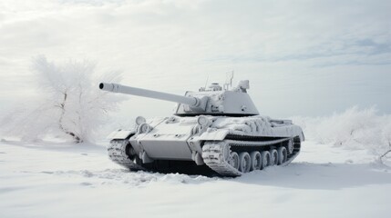 Photograph of a tank camouflaged amidst a snowy battlefield,