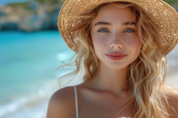 Young Woman with Straw Hat Smiling at the Beach. Young woman with blonde hair and a straw hat, smiling softly as she enjoys a sunny day at the beach.