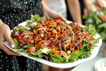 Wall Mural - Photo of a woman serving a plate of colourful salad and chicken. AI generative.