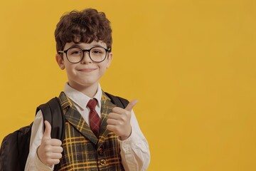 Smart schoolboy with glasses giving thumbs up on yellow backgrou