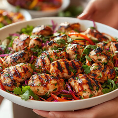 Wall Mural - Photo of a woman serving a plate of colourful salad and chicken. AI generative.