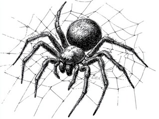 Black and white Vintage engraved art of a spider crawling on a web with intricate details, isolated on white background, ink sketch illustration, simple vector art design, highly detailed line art