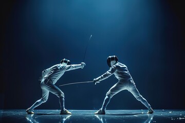 Fencers in action with dynamic lighting on dark background