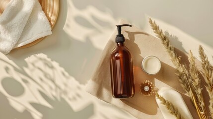 Canvas Print - Brown bottle bath product mockup: shampoo, shower gel, liquid soap on towel with accessories, flat lay. Top view. Copy space