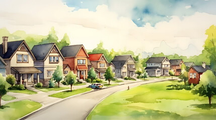 Canvas Print - Suburban Neighborhoods watercolor style