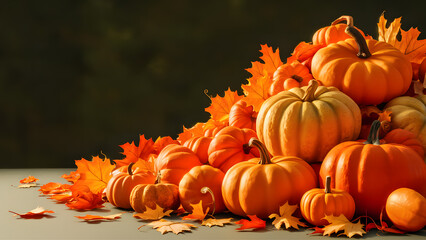 Halloween pumpkins 3d render illustration. Autumn season background with pumpkins and maple leafs. Thanksgiving day celebration background. 