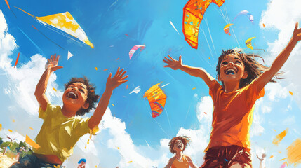 Illustrate the expressions of joy, concentration, and delight on the faces of people flying kites, capturing the emotional connection and sense of achievement