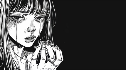 Wall Mural - Manga panel of a girl character with a sorrowful look, holding a broken necklace in her hands, tears streaming down her face, against a dark background, drawn in black and white