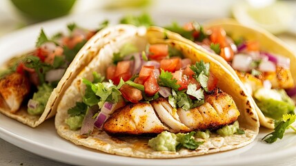 Close-up view of two fish tacos loaded with fresh toppings, served on a white plate, showcasing the vibrant colors and textures of this delicious dish.