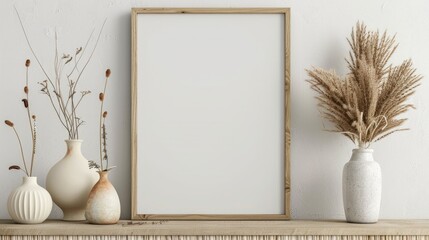 Vertical frame with decor on white wall, blank space for artwork