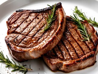 Medium rare steak on a white table that is appetizing with salt and black pepper and rosemary leaves.