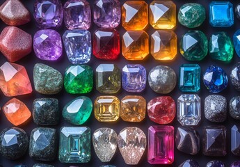 Sticker - A close up view of a collection of various gemstones, including diamonds, emeralds, sapphires, and rubies, arranged to display their stunning colors and cuts