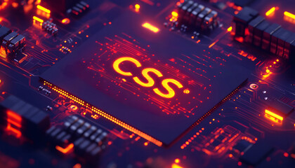 Poster - A close-up view with the acronym CSS displayed on a microchip, representing the concept of Cascading Style Sheets design