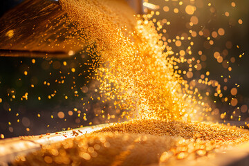 Close-up of grain falling from harvester