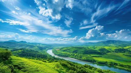 a breathtaking landscape with rolling hills, lush greenery, a clear blue sky with fluffy clouds, and