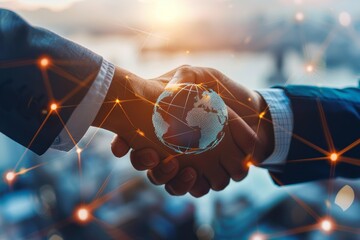 Wall Mural - Close-up of handshake with globe in background, illustrating global connections and partnerships