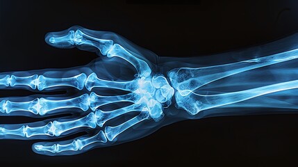 Wall Mural - Pediatric hand X-ray showing joint inflammation and deformation due to early-onset rheumatoid arthritis, detailed bone and joint structure, blue monochrome, high-resolution, clinical environment,