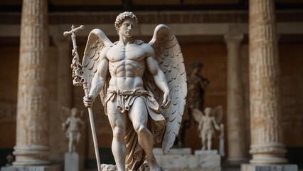 Wall Mural - A statue of Hermes in an ancient Greek temple, with winged shoes and a caduceus in the background.