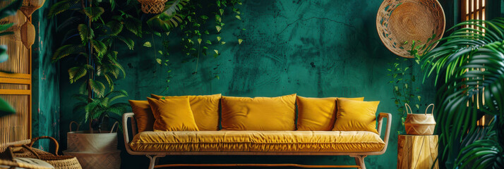 Green wall interior mock-up with rattan furniture