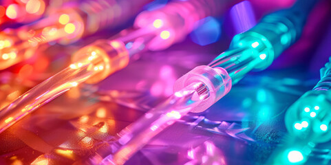 Close-up of internet cables with glowing lights.