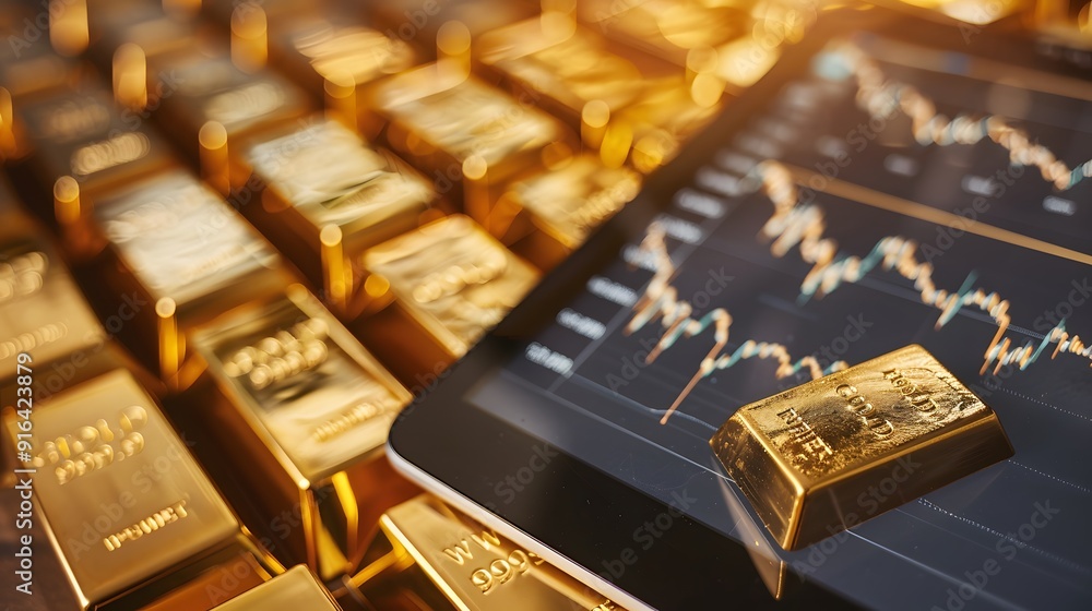 A digital tablet showing a real-time gold price chart with line graphs ...