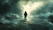 © UMPH.CREATIVE - A highly realistic painting depicting Jesus walking on water during a stormy night. The painting captures the dramatic contrast between the turbulent sea and the peaceful figure of Jesus.