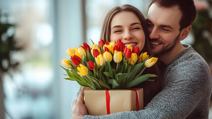 Happy Couple Holding Bouquet of Yellow and Red Tulips - Photo