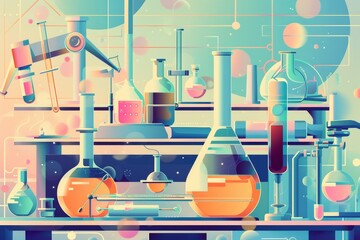 Abstract illustration of laboratory setting with scientific equipment and research tools, symbolizing innovation and discovery