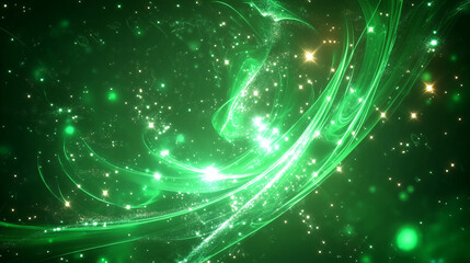 Aufkleber - Abstract digital illustration of green glowing lights, energy waves, and sparks against a dark black background, featuring swirling light effects, stars, lines, and circles. This vibrant and dynamic d