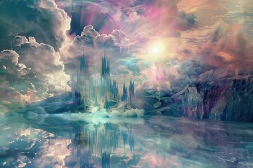 Wall Mural - Abstract concept of surreal fantasy landscape with mystical elements, symbolizing imagination and wonder