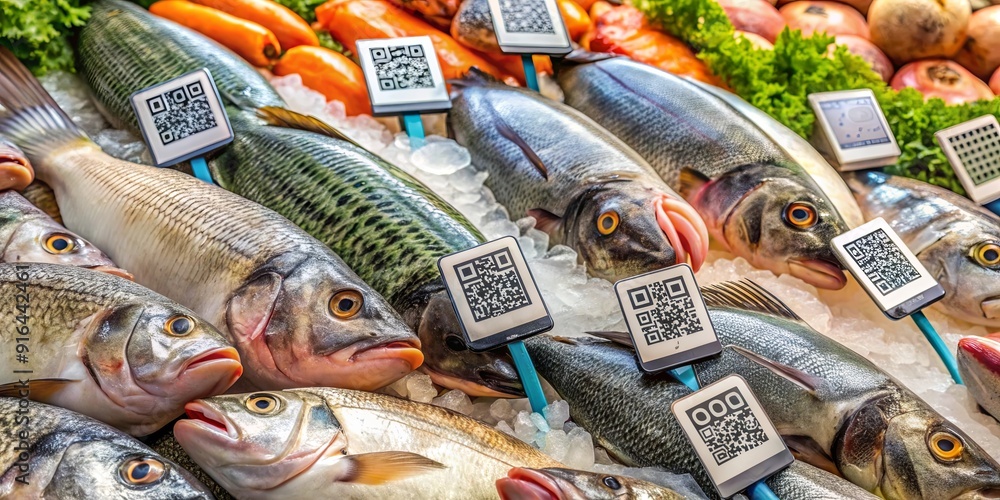 Fishing supermarket with labeled fishes and QR codes for origin, type, and species , supermarket, fishing, seafood, labels