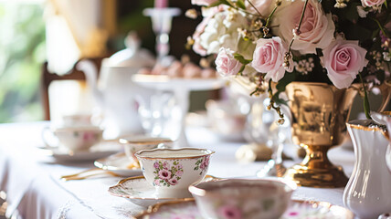 Wall Mural - Delightful afternoon tea spread featuring a tiered cake stand brimming with cupcakes, scones, and sweet pastries, accompanied by a floral porcelain tea set