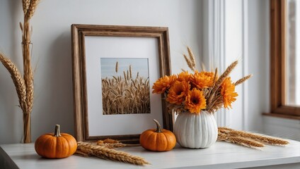 Wall Mural - Empty frame mockup with wooden box of decorative pumpkins, vase of dry wheat on white table in nordic room interior 