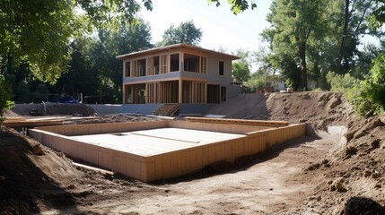 An early-stage house construction site, with the foundation completed and the first floor framing in place. 