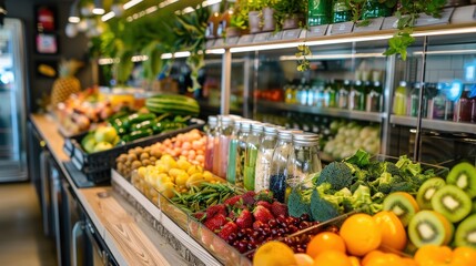 A vibrant smoothie bar with a variety of fresh fruits, vegetables, and add-ins, offering custom-made, healthy drinks