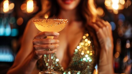 A glamorous woman in a sequined dress holding a sparkling cocktail at a nightclub bar