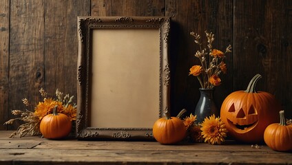 Wall Mural - Empty Portrait frame mock up with dried flowers pumpkin on wooden table. halloween