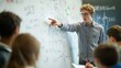 © keetazalay - An inspiring image of a teacher pointing at a whiteboard filled with complex equations and diagrams, while high school students take notes and ask questions, emphasizing the importance of clear