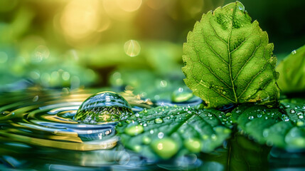 Wall Mural - Macro shot of a water drop on a leaf - A clear drop of water sitting on the surface of a leaf.