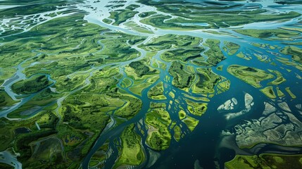 Wall Mural - an aerial perspective of a winding river delta, with channels branching out like veins