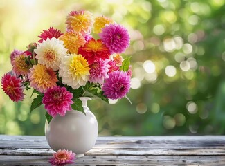 Colorful dahlia and chrysanthemum flower bouquet in a white ceramic vase on a wooden table against a blurred green nature background