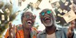 © bird_saranyoo - Money bills flying around. Senior black couple smiling with closed mouths in sunglasses. The concept of retirement in old age