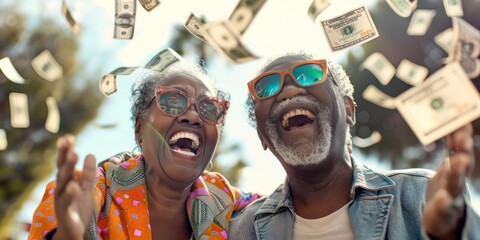 Money bills flying around. Senior black couple smiling with closed mouths in sunglasses. The concept of retirement in old age