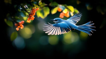 A Greater Racket-tailed Drongo flying through a sunlit forest, its unique elongated tail feathers trailing behind as it maneuvers through the trees with agility