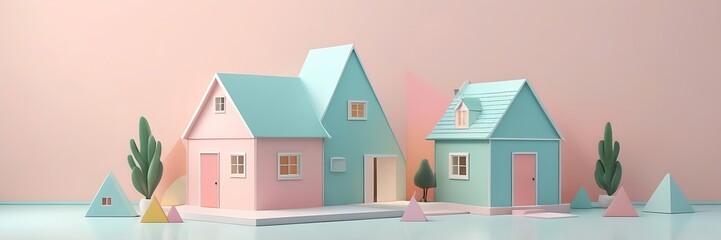 pastelcolored houses with white trim on a white floor, suitable for real estate, neighborhood, home decor, and architectural themes