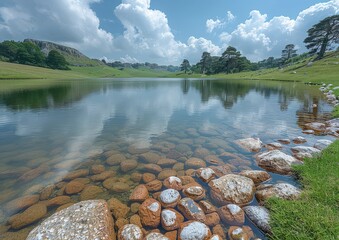 Wall Mural - Serene Lake Scene with Reflections of Fluffy Clouds in Clear Water, Rocky Shoreline and Lush Green Hills Under Sunny Sky