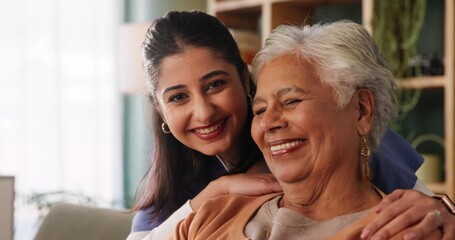 Poster - Nurse, senior woman and face on couch with hug, conversation and support with retirement in house. People, caregiver and elderly person with portrait for embrace with empathy, listen and connection